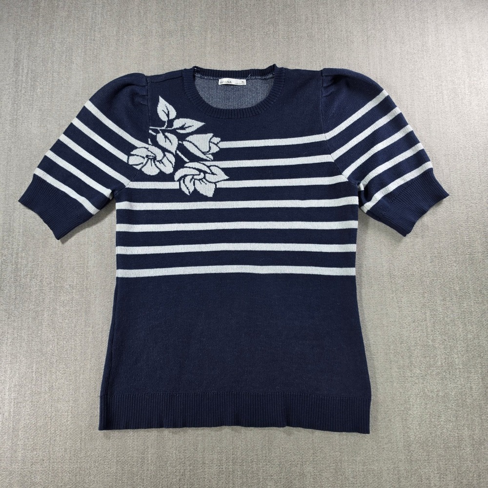 Rafiana Knit Top Women XL Navy White Striped Floral Puff‎ Sleeve Short Sleeve
